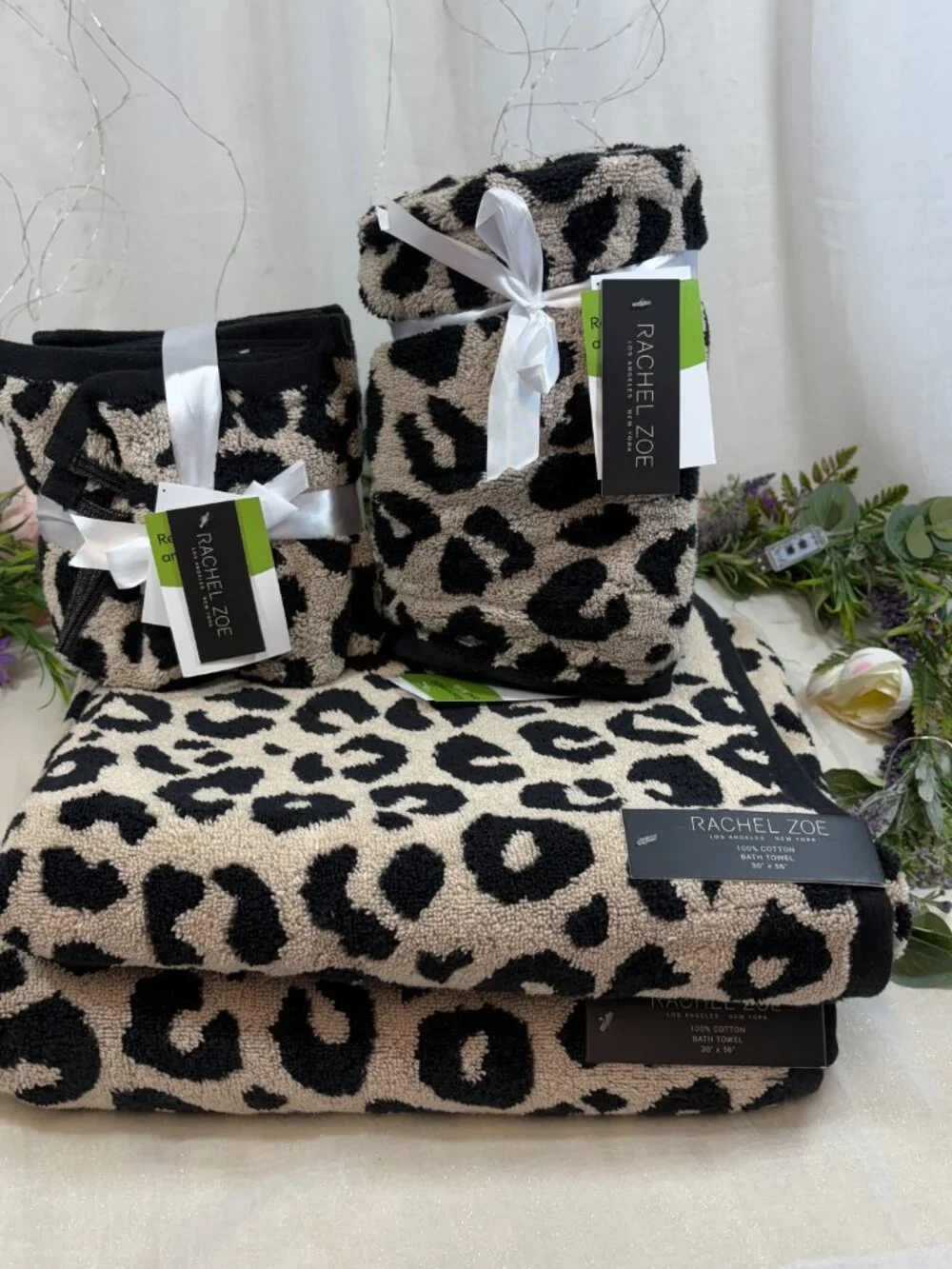 Rachel Zoe Leopard Print Black Beige Bath Hand Towels Washcloth 8 Pc Set Revers